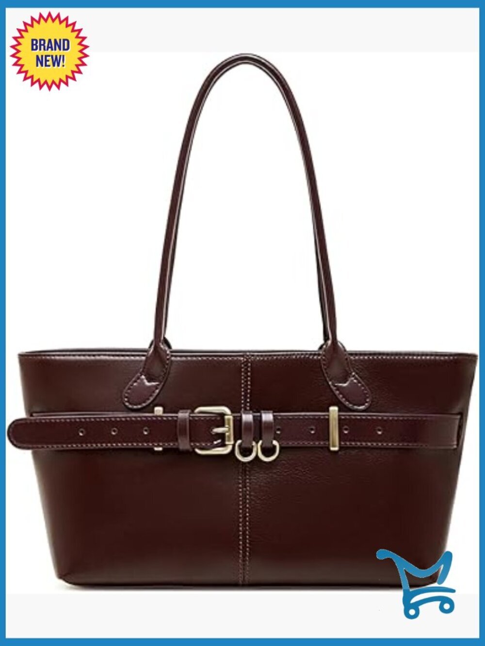 Genuine Leather Structured Tote Bag with Top Zipper, Multiple Pockets